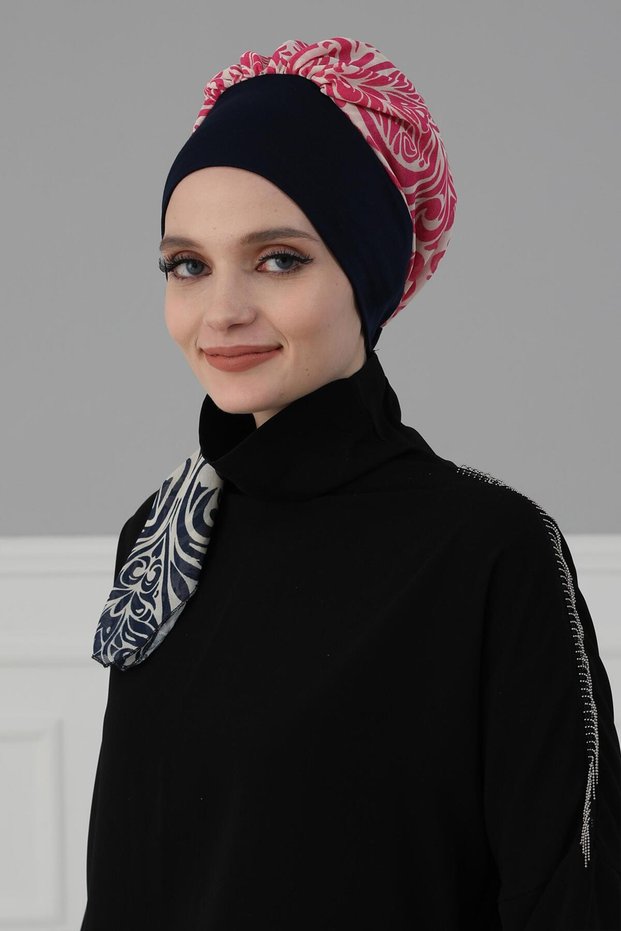 Patterned Chiffon Ready-To-Wear Turban, Ht-65D Navy Blue - Navy Blue Fuchsia