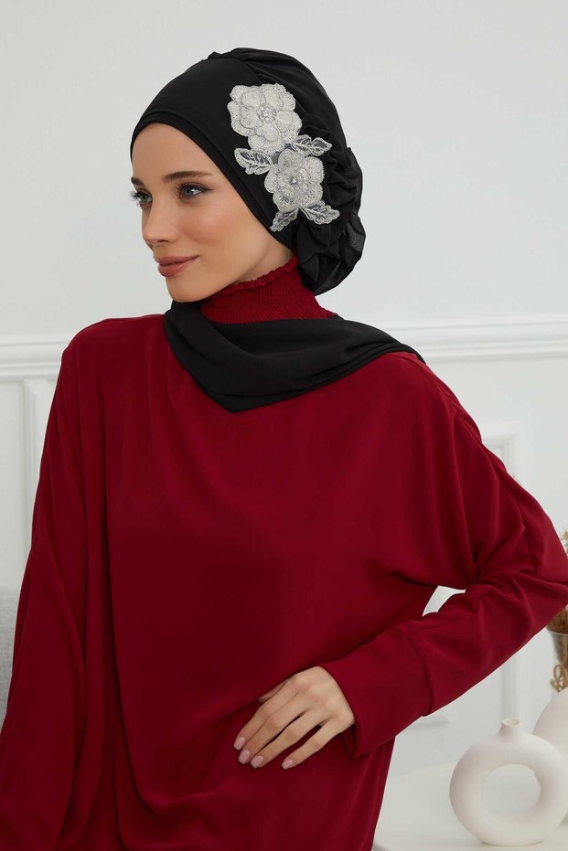 Chiffon Ready-To-Wear Turban with Side Ruffles and Floral Accessories, Ht-102, Ht-102 Black-Silver