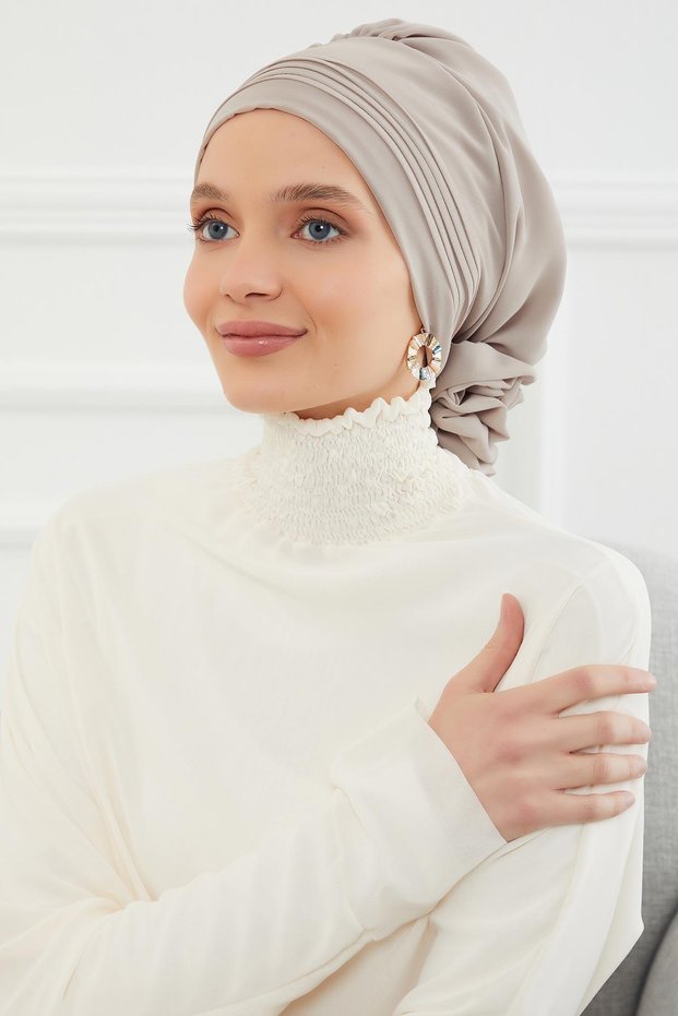Pleated Design Chiffon Ready-To-Wear Turban, Ht-31, Ht-31 Mink