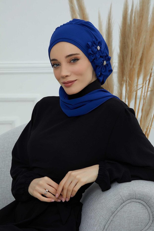 Special Design Chiffon Ready Turban with Stone Accessories, HT-8 Cobalt Blue