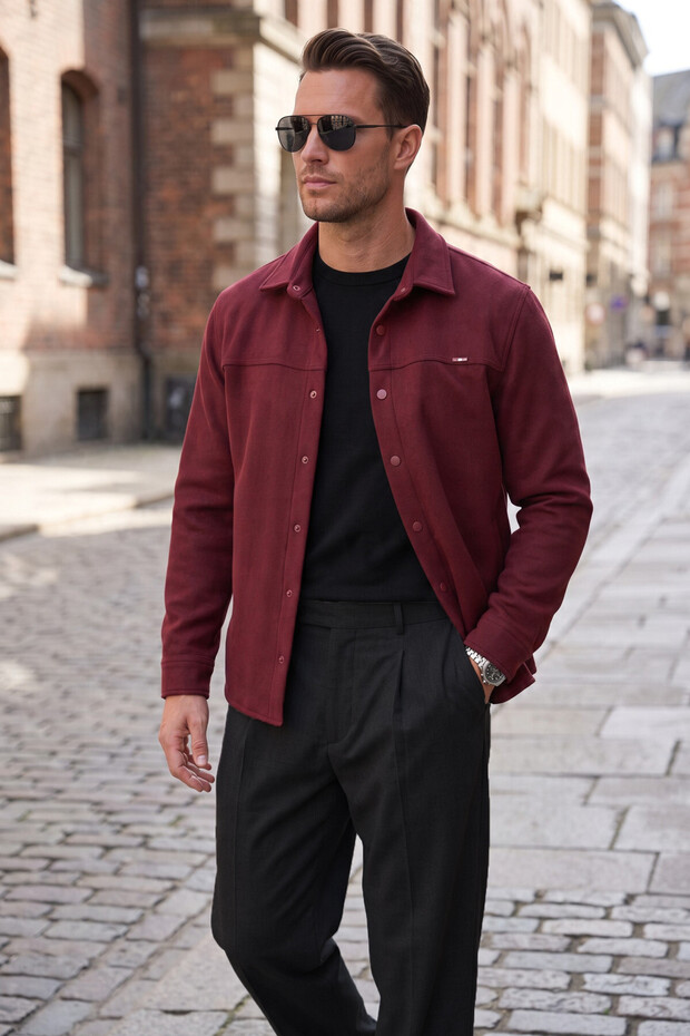 Men's Regular Fit Lycra Claret Red Cashmere Jacket – Soft Textured Snap Fastener Pocketless 2600760
