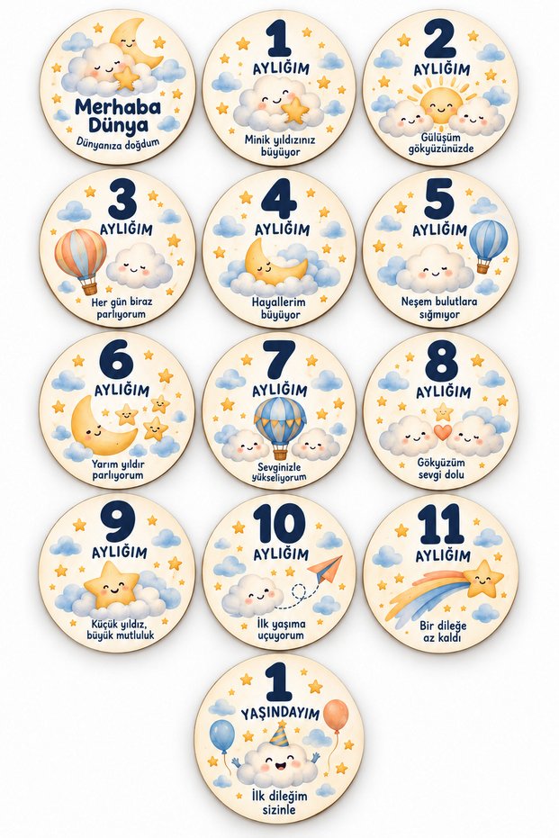 Baby Monthly Memory and Birth Cards Sky Themed 13 Piece Photo Shoot Set 10 cm