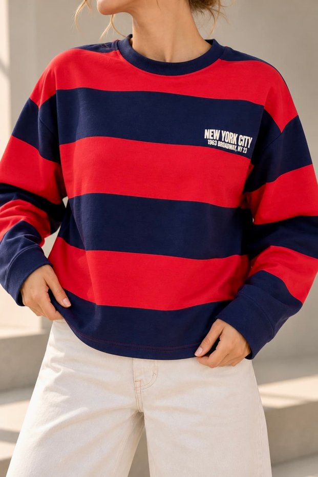 Women's New York Printed Striped Crew Neck Sweatshirt My3535