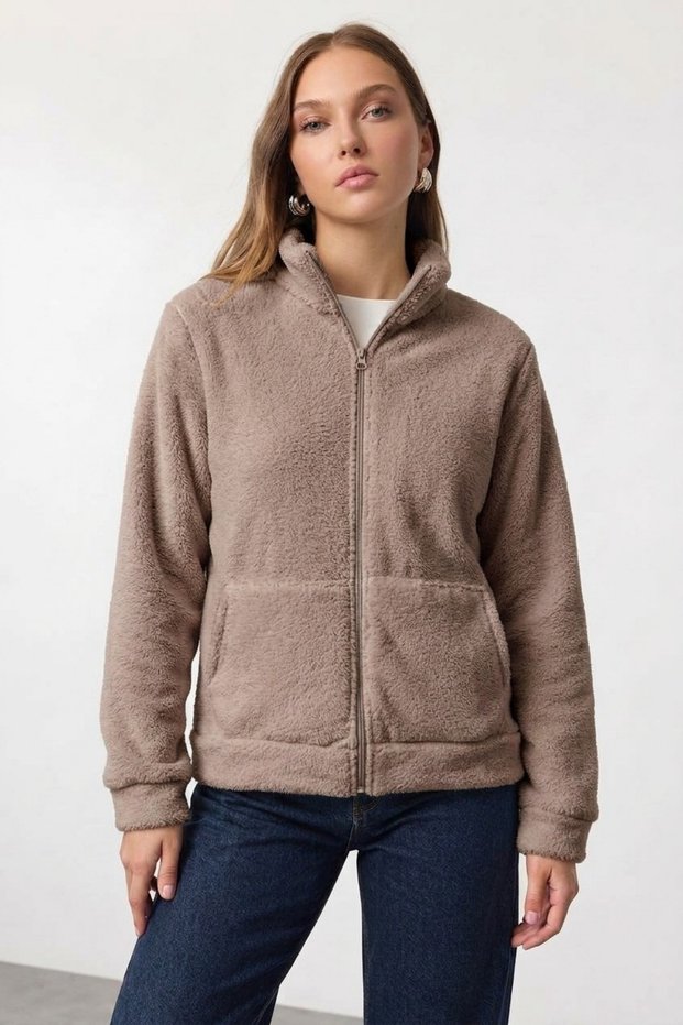 Mink Plush Jacket with Stand Collar and Zipper