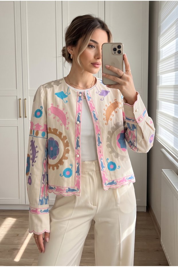 Women's Beige Color Pearl Buttoned Ethnic Patterned Embroidered Jacket