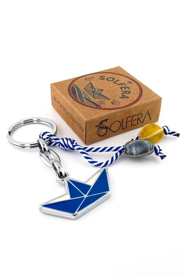 Paper Ship Blue Kayak Ceramic Beads Origami Boat Metal Keychain Ky224