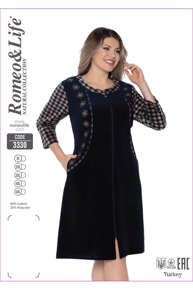 Women's Plus Size Cotton Velvet Zipper Pocket Dress 3330