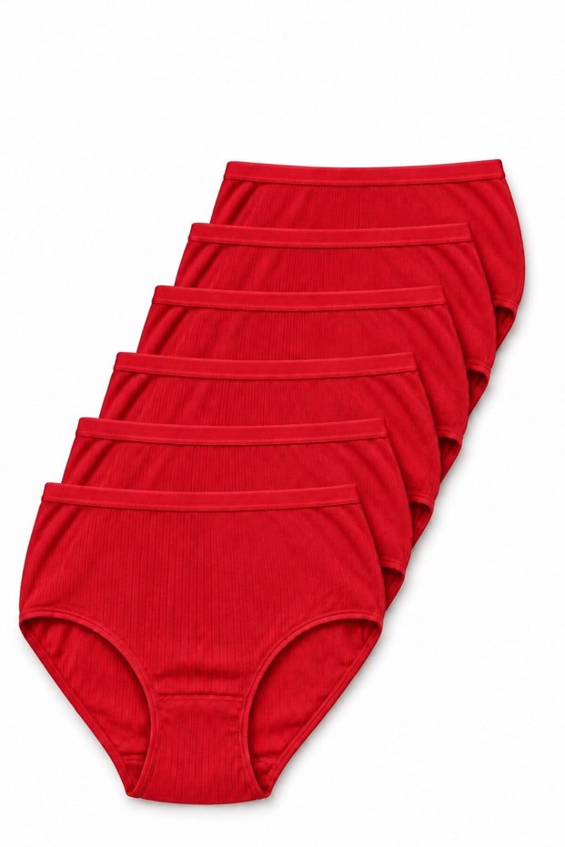 Women's Red 6-Pack 100% Cotton Bato Panties, High Waist Ribbed Slip