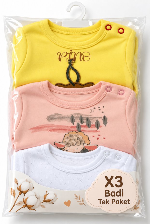 3-Piece Baby Bodysuit Set, 100% Cotton, Long Sleeves, Snap Fasteners