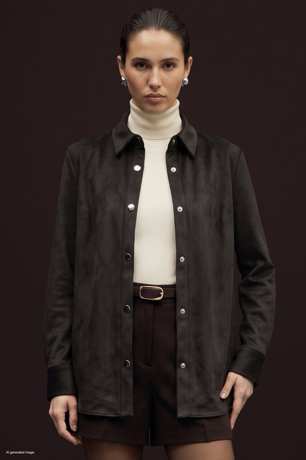Suede Shirt with Snap Detail - Brown