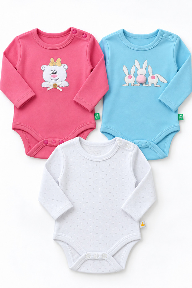 3-Piece Baby Bodysuit Set, 100% Cotton, Long Sleeves, Snap Fasteners