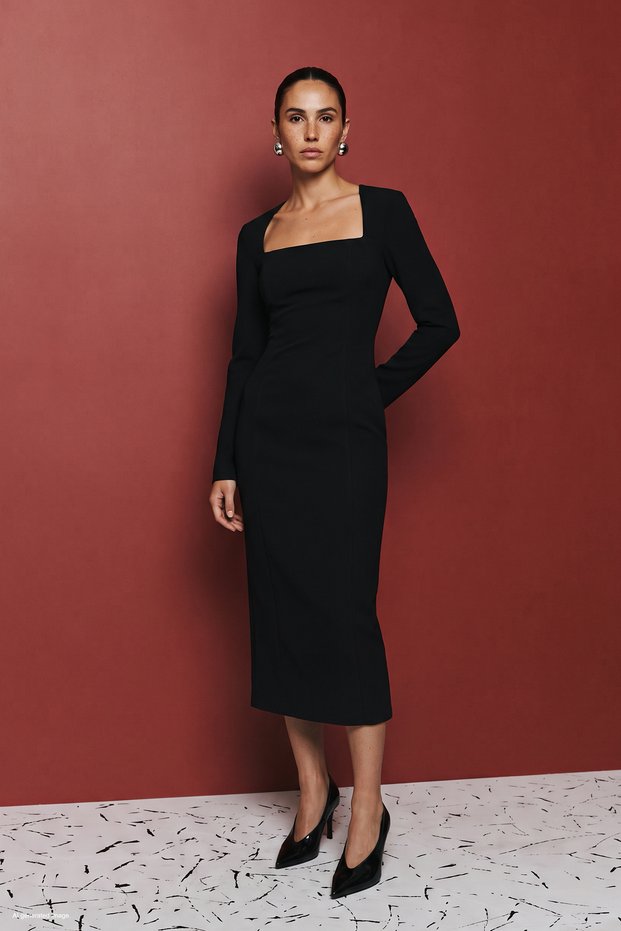 Midi Length Long Sleeve Classic Dress - Black
