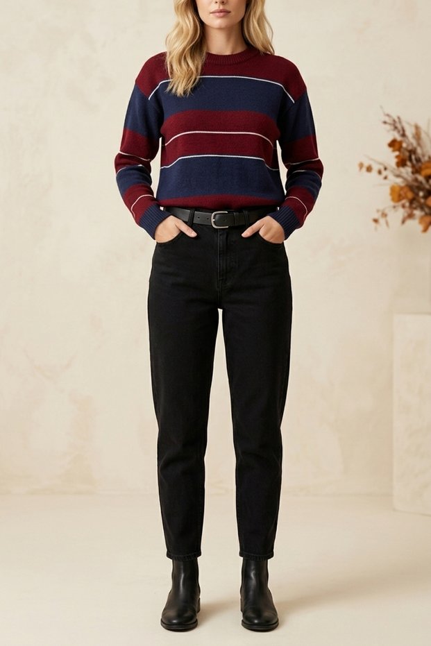 Women's Long Sleeve Soft Textured Comfortable Fit Basic Crew Neck Striped Knitwear Sweater