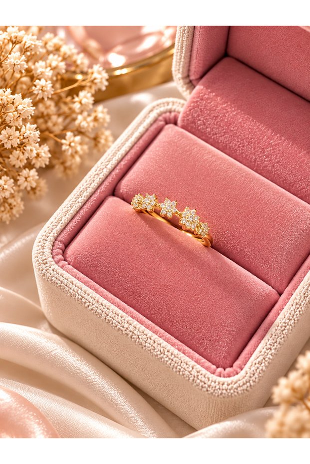 Gold Color Flower Figured White Stone Elegant Row Women's Ring