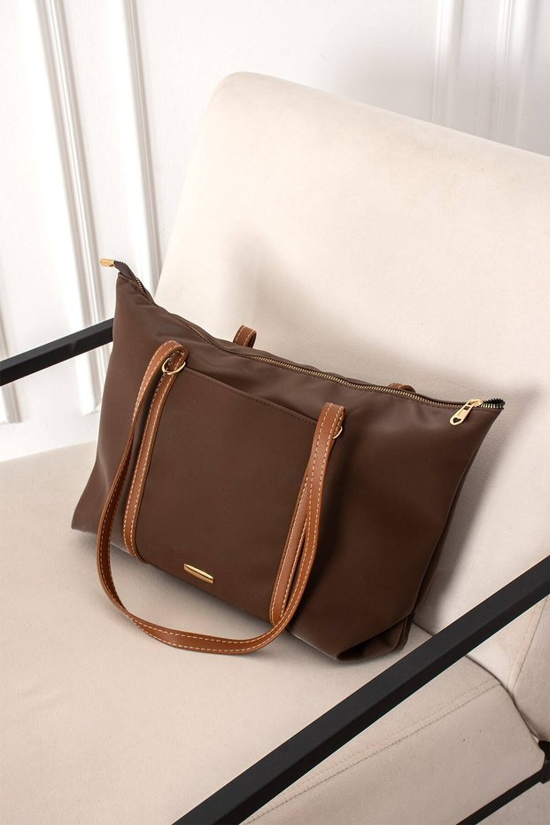 Emily Brown Tan Zipper Detailed Large Size Daily Women's Shoulder and Shoulder Bag