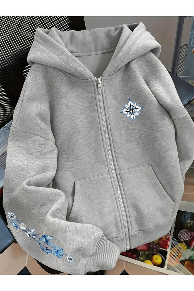 Unisex Gray Floral Compass Printed Zipper Sweatshirt Printed Premium Oversize T-Shirt