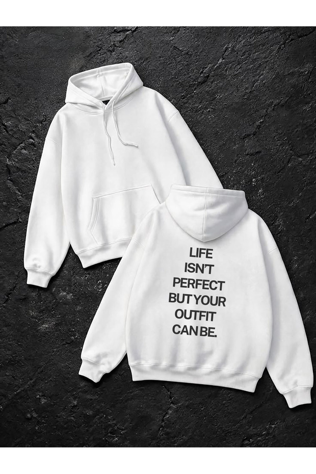 Slogan Back and Front Printed Hooded Oversize Cotton White Sweatshirt