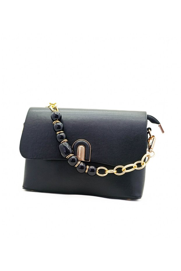 Black Color Beaded Buckle Zippered Women's Shoulder Bag