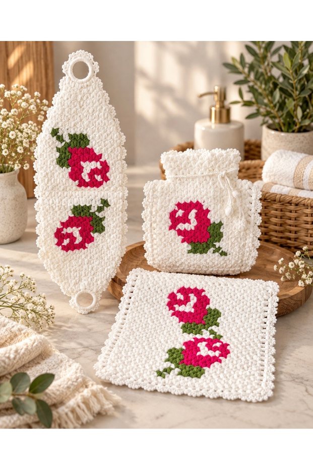 Hand Knitted Rose Patterned 3-Piece Dowry Bath Washcloth Set – Long Washcloth, Scrubbing Washcloth, and Square Washcloth