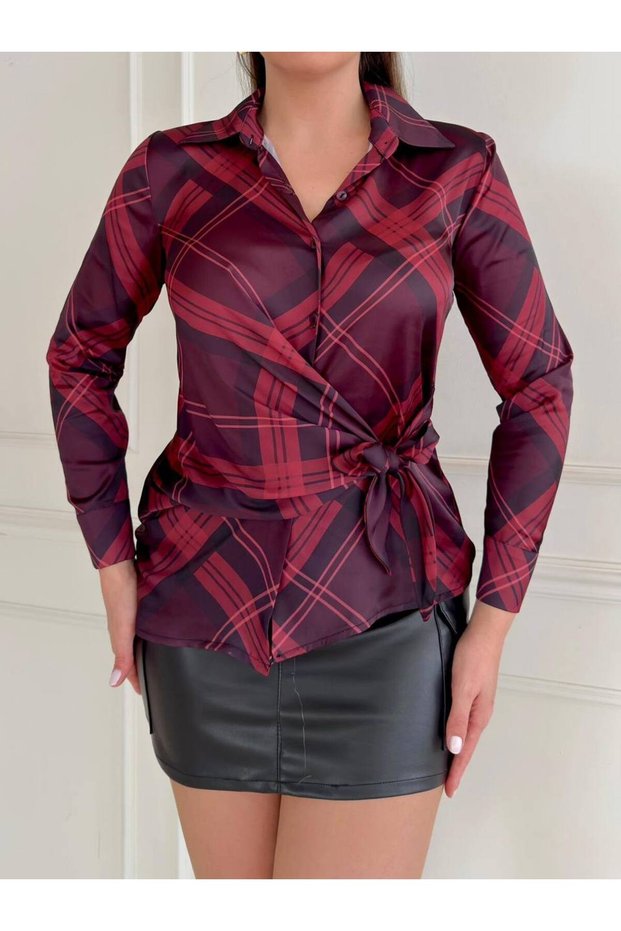 Plaid Pattern Satin Blouse with Tie Detail