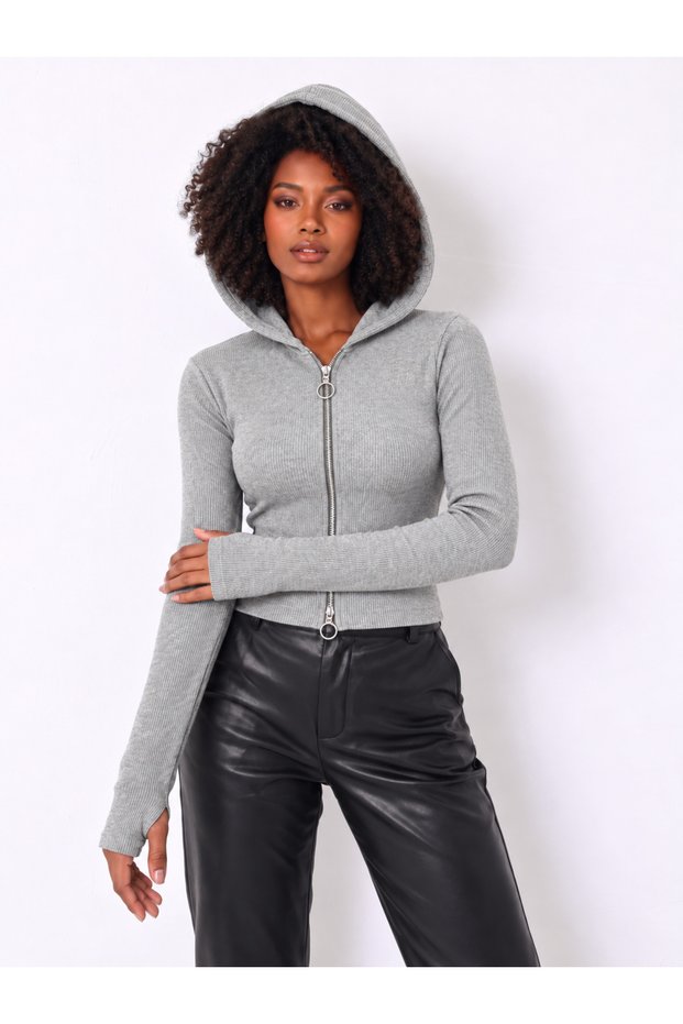 Women's Gray Melange Double Zipper Hooded Ribbed Camisole Blouse