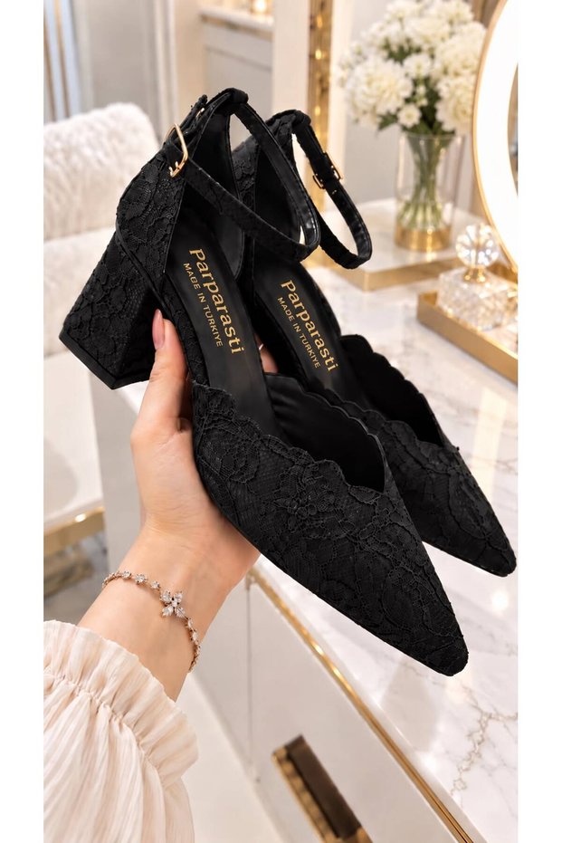 Florisen Women's Black Floral Patterned Lace Pointed Toe Ankle Buckle 7 cm Thick Heeled Evening Dress Shoes