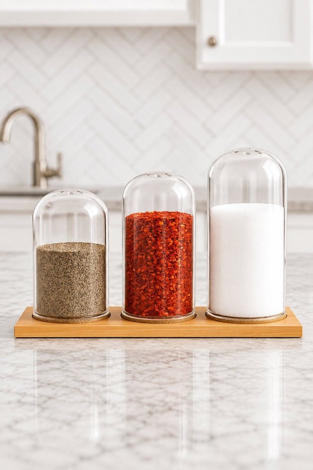 3-Piece Glass Spice Jar Set with Wooden Stand, Heat-Resistant Glass Salt and Pepper Shakers, Spice Set