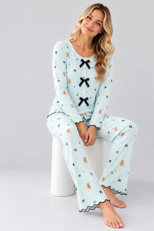 Women's Patterned Bow Detailed Buttoned Long Sleeve Camisole Pajama Set