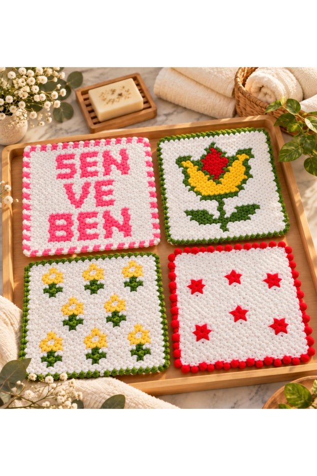 Hand Knitted 4-Piece Dowry Bath Washcloth Set – You and Me Written, Floral and Star Patterned Washcloth Set