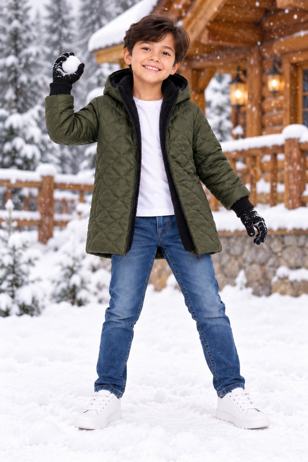 Boy's Patterned Hooded Water Repellent Coat