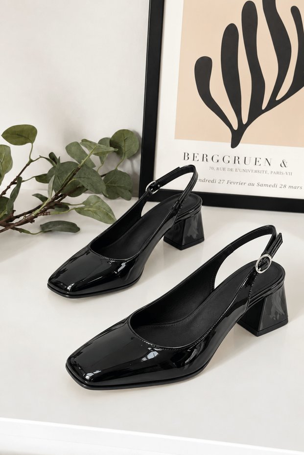Open Back Patent Leather Thick Heeled Shoes - Black