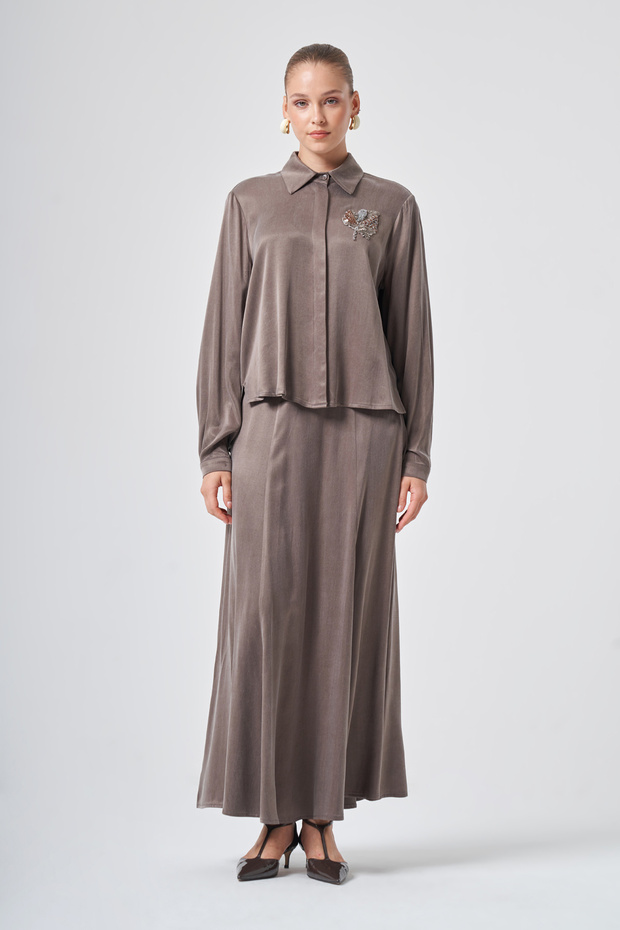 Stone Detailed Skirt Suit 1084 Mink