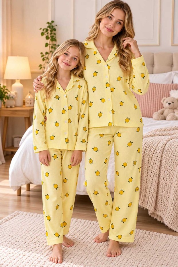 Mother Daughter Cotton Lemon Print Draped Comfortable Fabric Long Sleeve Winter Pajamas Set