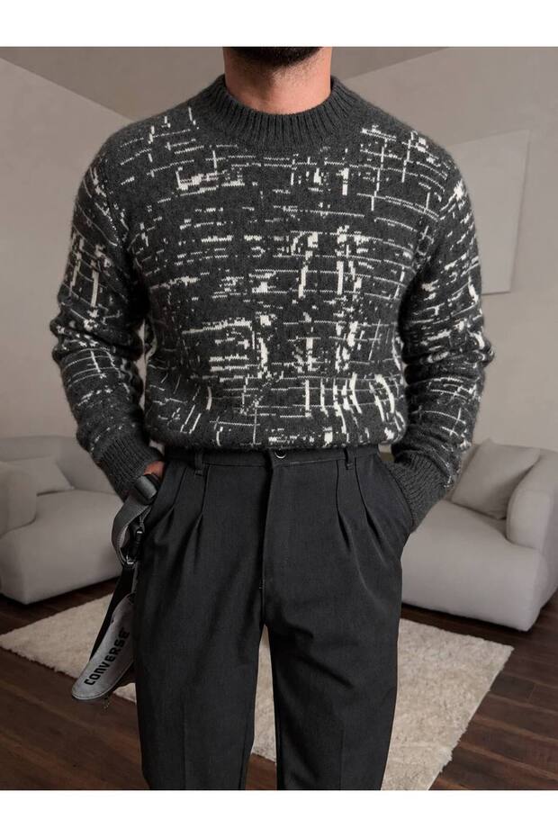 Men's Abstract Patterned Crew Neck Knit Sweater