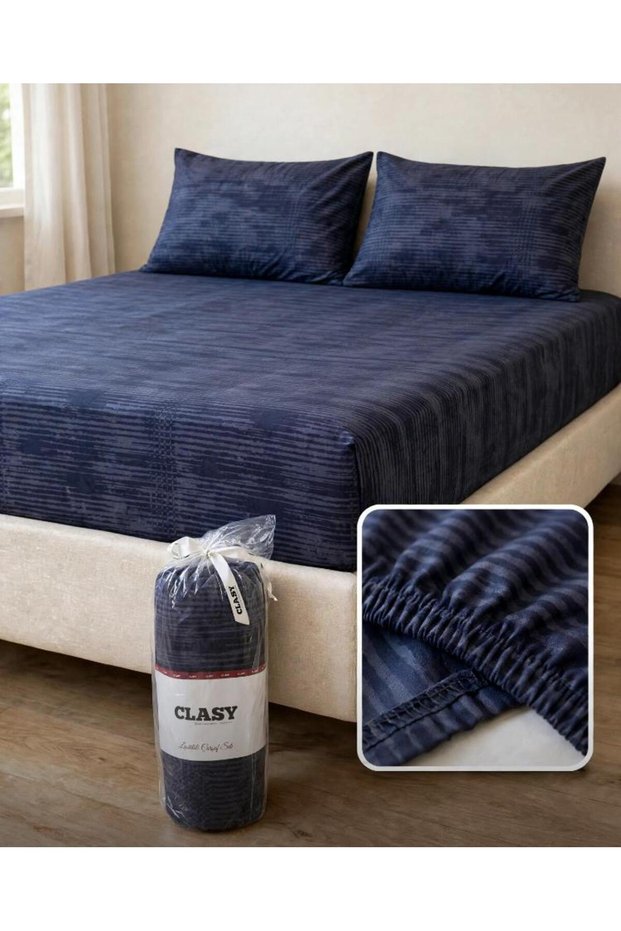100% Cotton Ranforce Fabric King Size Elastic Bed Sheet Set 180X200 Cm+30 cm Patterned Navy Blue