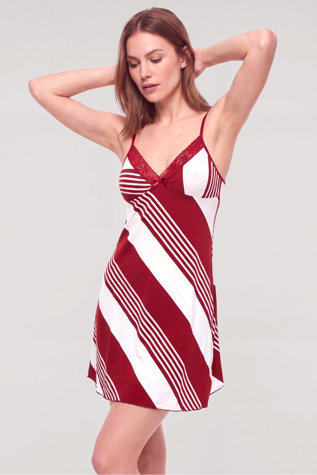 Women's Burgundy White Striped Lace Detailed Rope Strap Nightgown