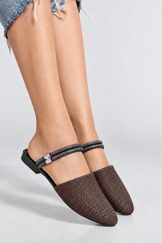 Knitted Patterned Stone Leather Slippers - Hl - Bitter Brown