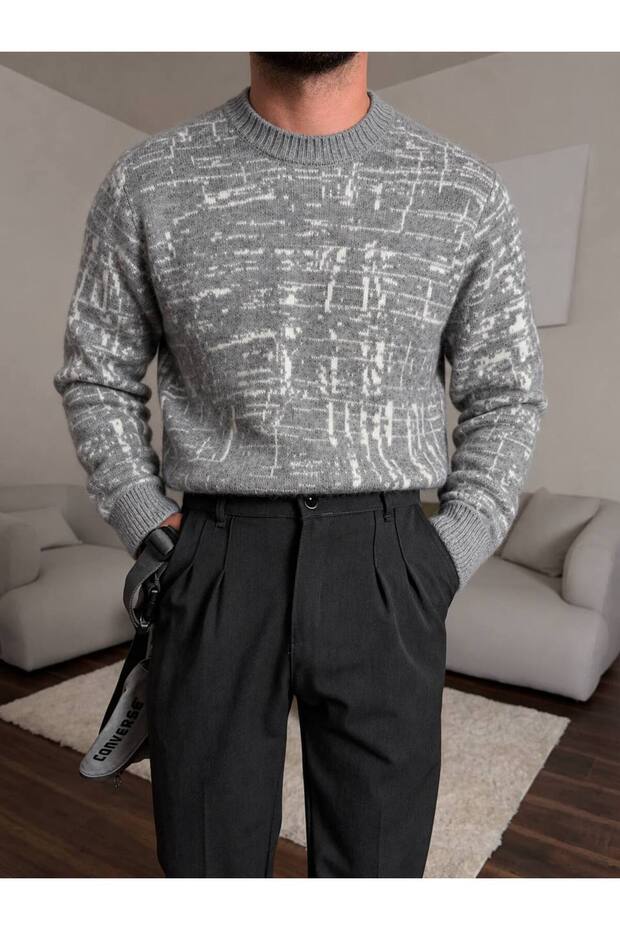 Men's Abstract Patterned Crew Neck Knit Sweater