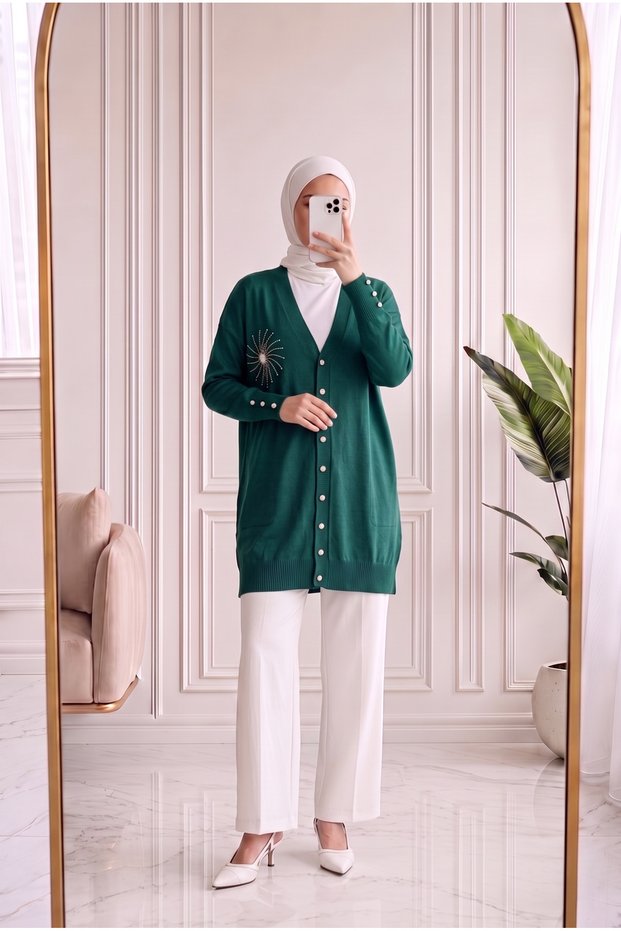 Sabifeza Güneş Taşlı Soğuk İp Hırka-Sy3362 Emerald Green