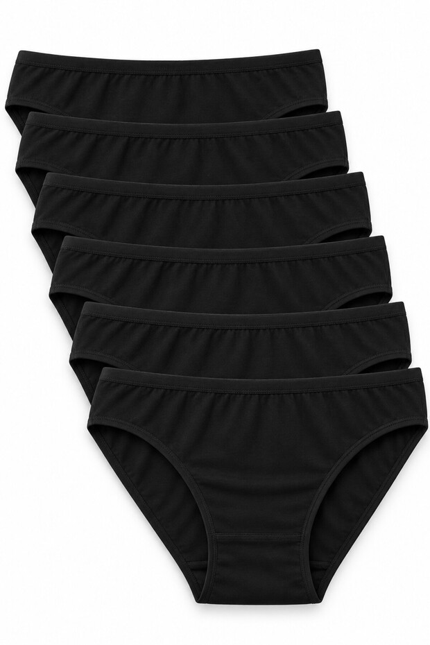 Women's 6-Pack Black Cotton Lycra Bikini Panties Ribbed Slip