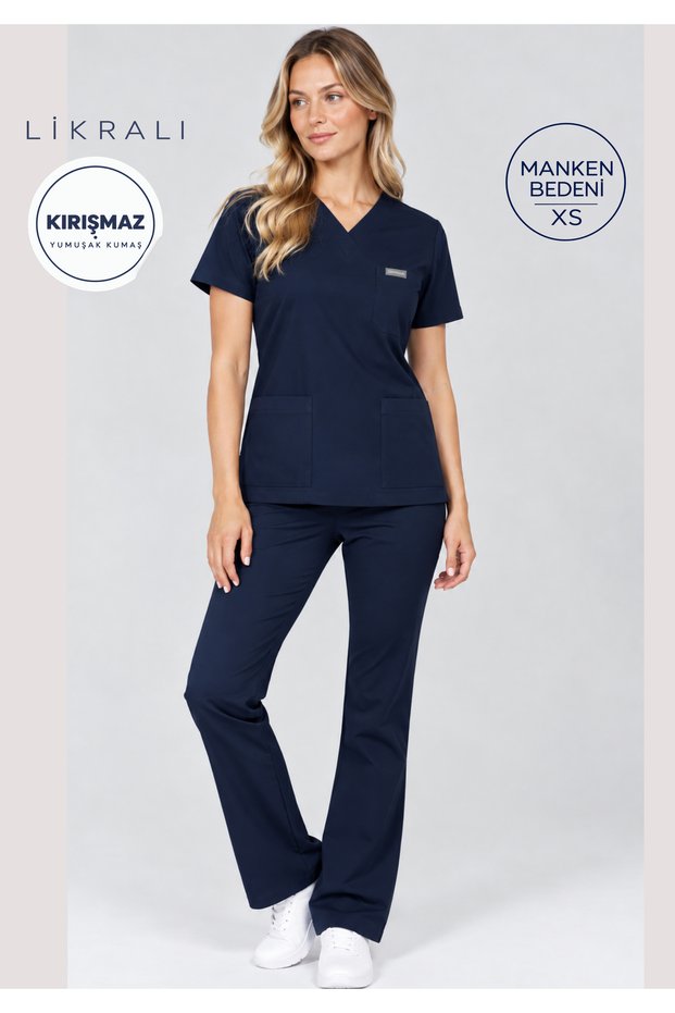 R O N D a – Navy Blue High Waist Spanish Leg Bat Sleeve Medical Uniform Scrubs Set