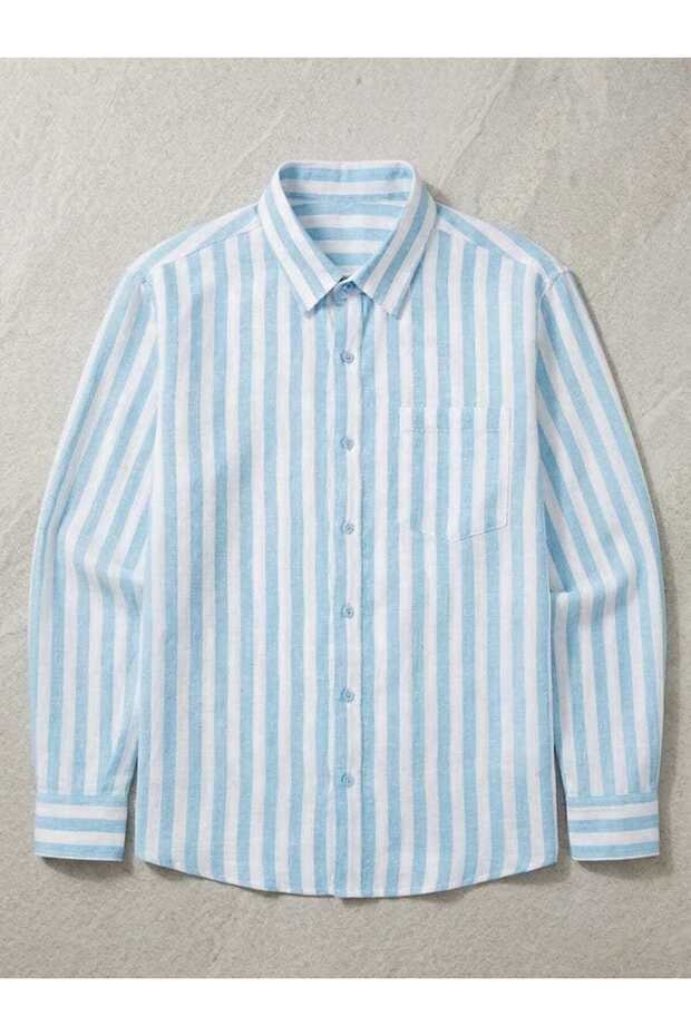 Men's Sky Blue White Vertical Striped Long Sleeve Button