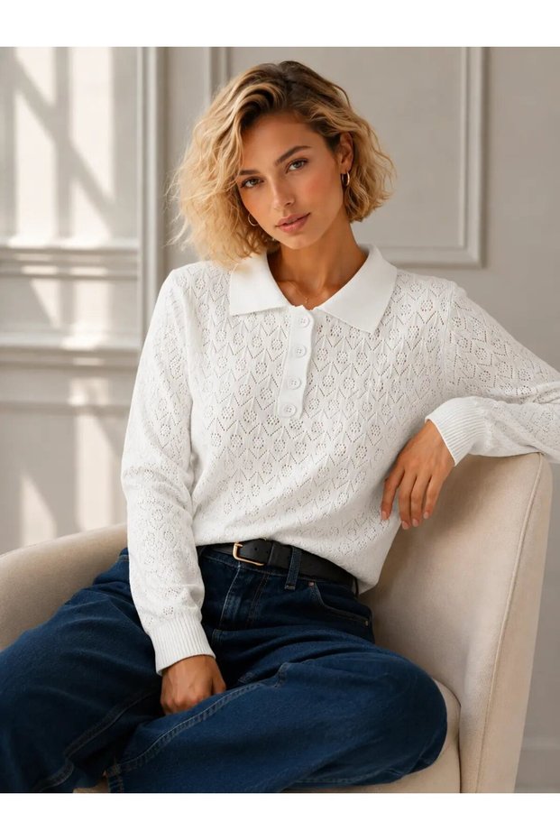 Women's Polo Collar Knitted Detail Buttoned Knitwear Sweater 12507