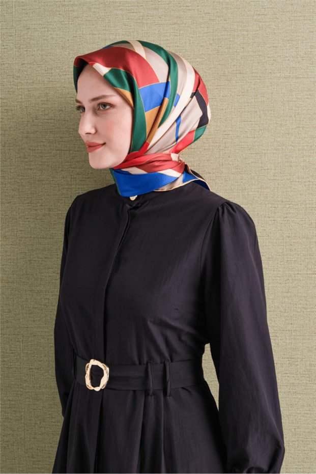Tivil Pure Silk Scarf 9633 33 Red Saks Blue Geometric Pattern