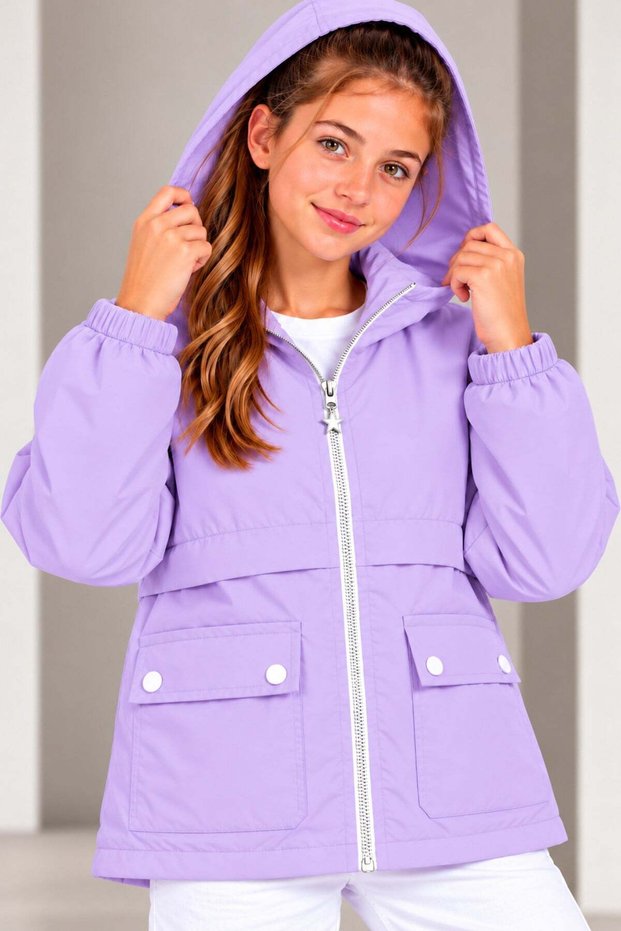 Girl's Hooded Pocketed Lined Seasonal Basic Raincoat