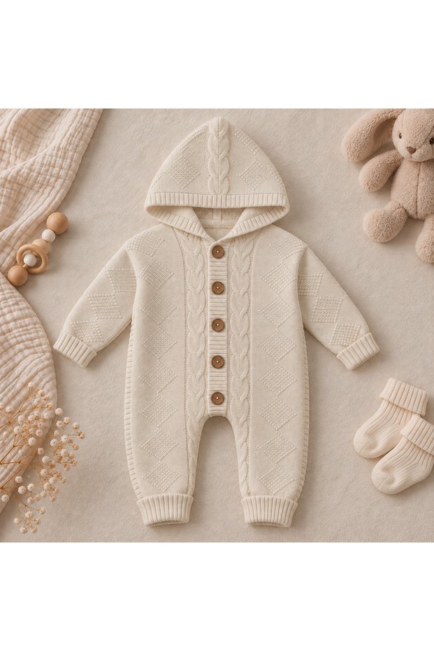 Hooded, Diamond and Knit Patterned, Wooden Buttoned Knitwear Baby Romper