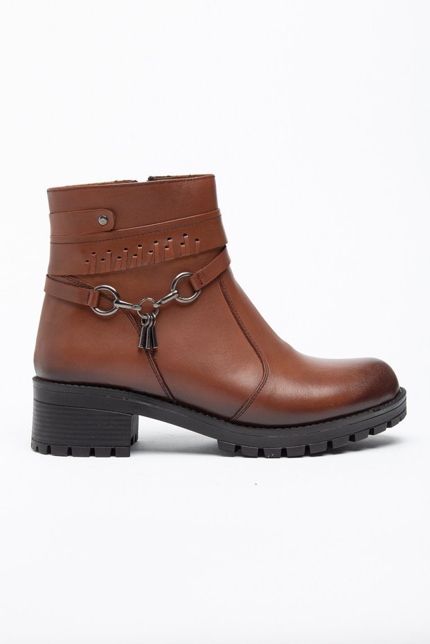 Genuine Leather Women's Heeled Boots with Brown Fur Accessories and Round Toe