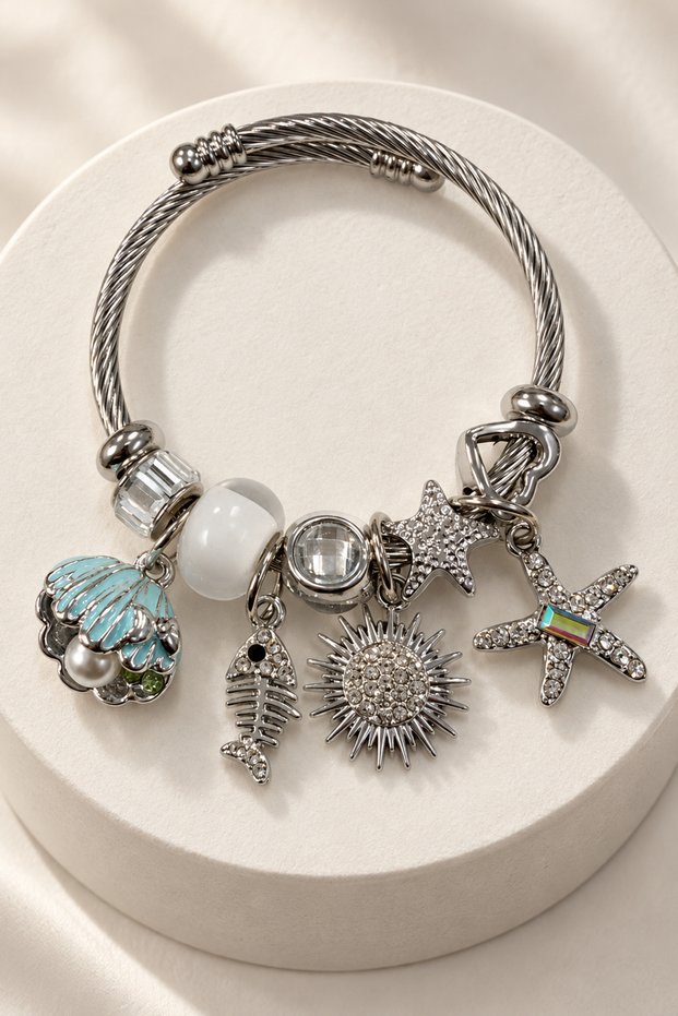 Children's Boy's Sea Figured Charm Steel Bracelet – Small Size Tarnish-Resistant Stainless Dolphin Starfish Bracelet