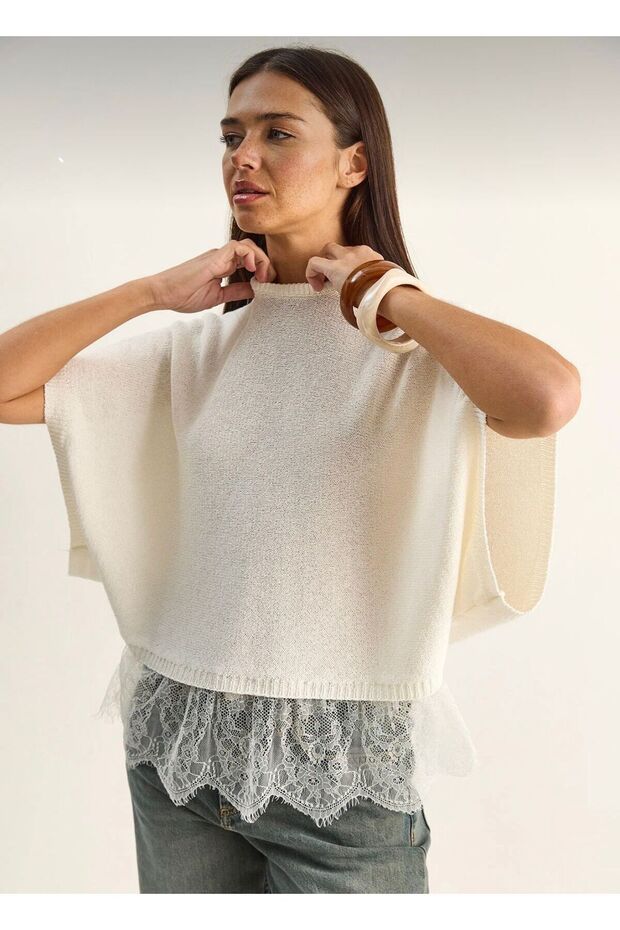 Women's Ecru Crew Neck Short Sleeve Lace Cotton Knit Sweater