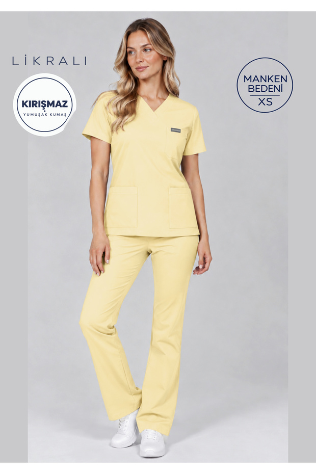 R O N D a – Beige Moth High Waist Spanish Flare Bat Sleeve Medical Uniform Scrubs Set